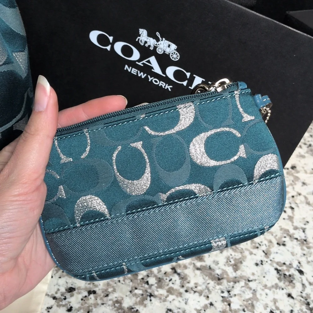 ✨ SOLD✨Coach SET Signature Jacquard Teal Metallic Stripe Hobo Wristlet Wallet - Picture 9 of 12